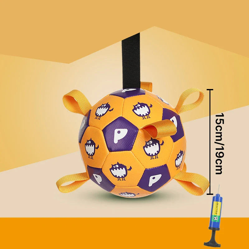 A durable, leather dog toy in the shape of a football with easy-to-grip tabs for interactive play and training.