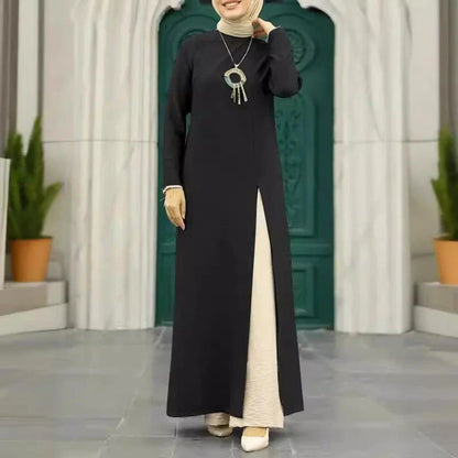 Muslim women's dress made of elegant ice silk fabric with long sleeves and high slit hem, available in various colours