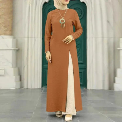 Muslim women's dress made of elegant ice silk fabric with long sleeves and high slit hem, available in various colours