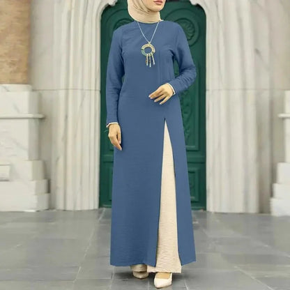 Muslim women's dress made of elegant ice silk fabric with long sleeves and high slit hem, available in various colours