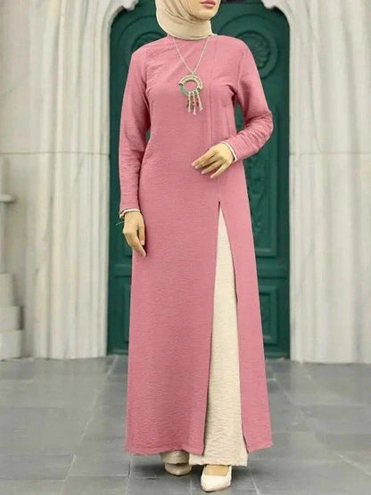 Muslim women's dress made of elegant ice silk fabric with long sleeves and high slit hem, available in various colours