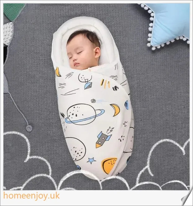 A cozy, snug baby swaddle with soft cotton fabric and velcro closures to provide comfort and security for newborns.