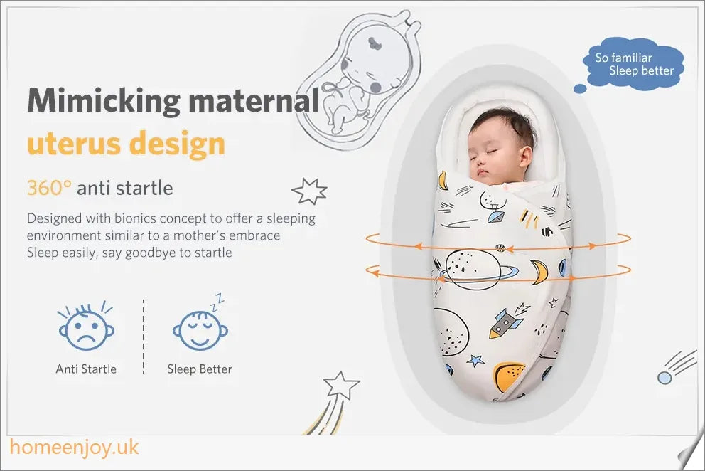 A cozy, snug baby swaddle with soft cotton fabric and velcro closures to provide comfort and security for newborns.