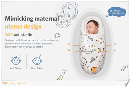 A cozy, snug baby swaddle with soft cotton fabric and velcro closures to provide comfort and security for newborns.