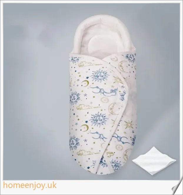 A cozy, snug baby swaddle with soft cotton fabric and velcro closures to provide comfort and security for newborns.