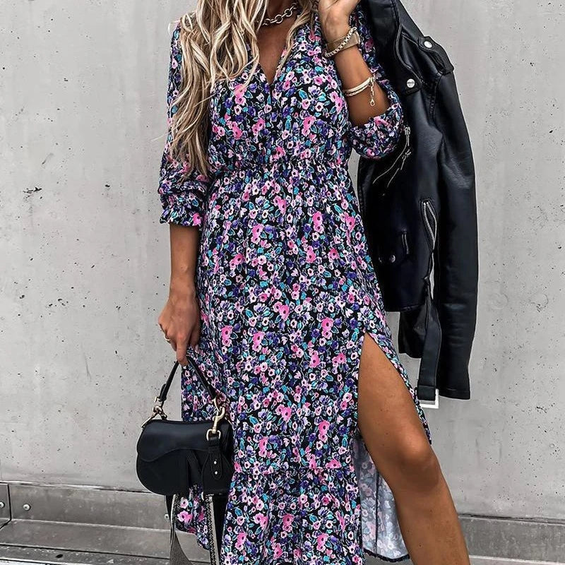 Blue split floral V-neck button long skirt with a feminine silhouette and premium polyester construction