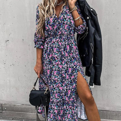 Blue split floral V-neck button long skirt with a feminine silhouette and premium polyester construction