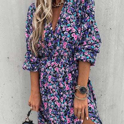 Blue split floral V-neck button long skirt with a feminine silhouette and premium polyester construction