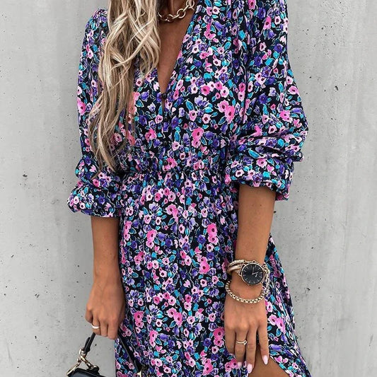 Blue split floral V-neck button long skirt with a feminine silhouette and premium polyester construction