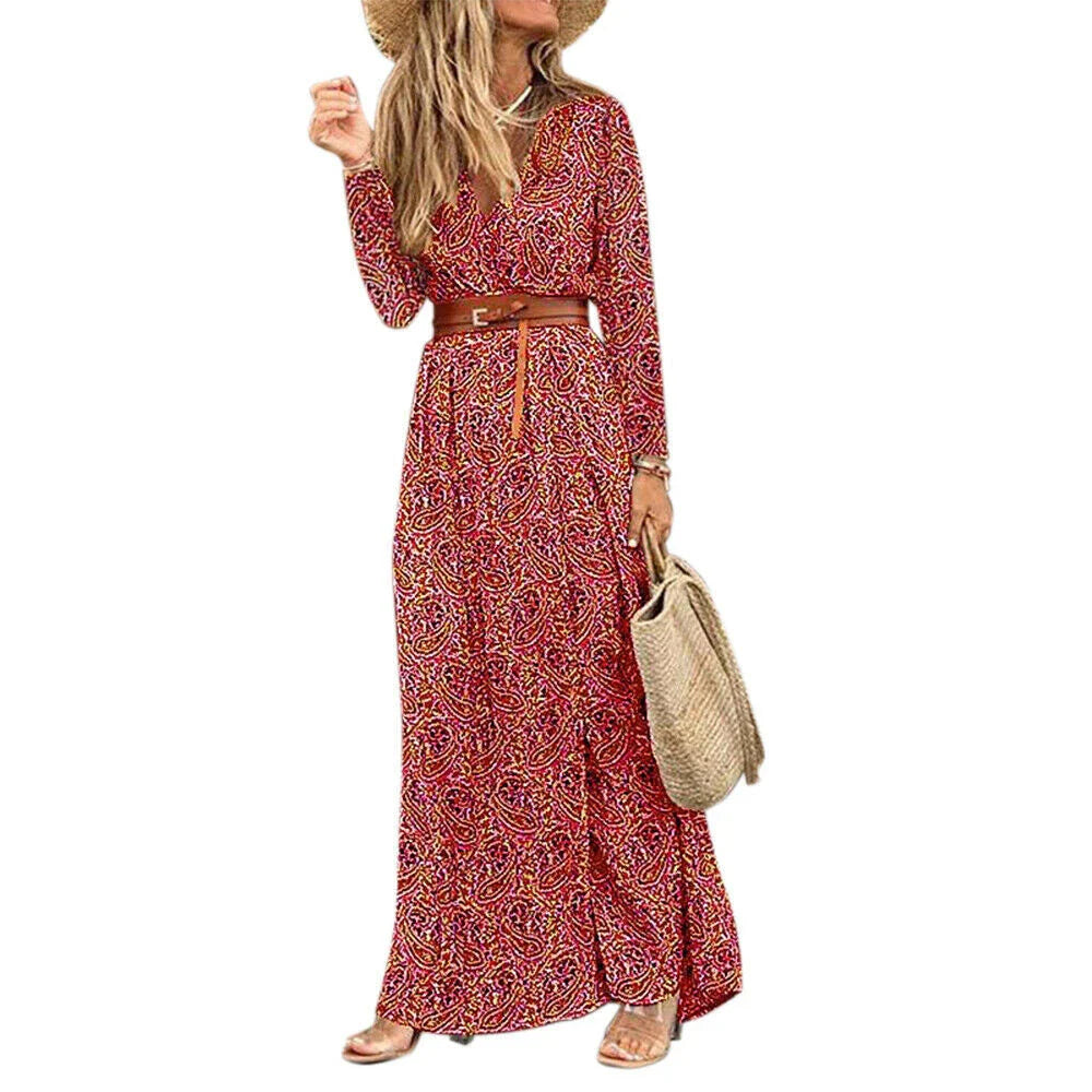 Long Sleeve V-neck Bohemian Floral Dress in Dark Blue with a flowing, mid-length skirt and vibrant floral patterns