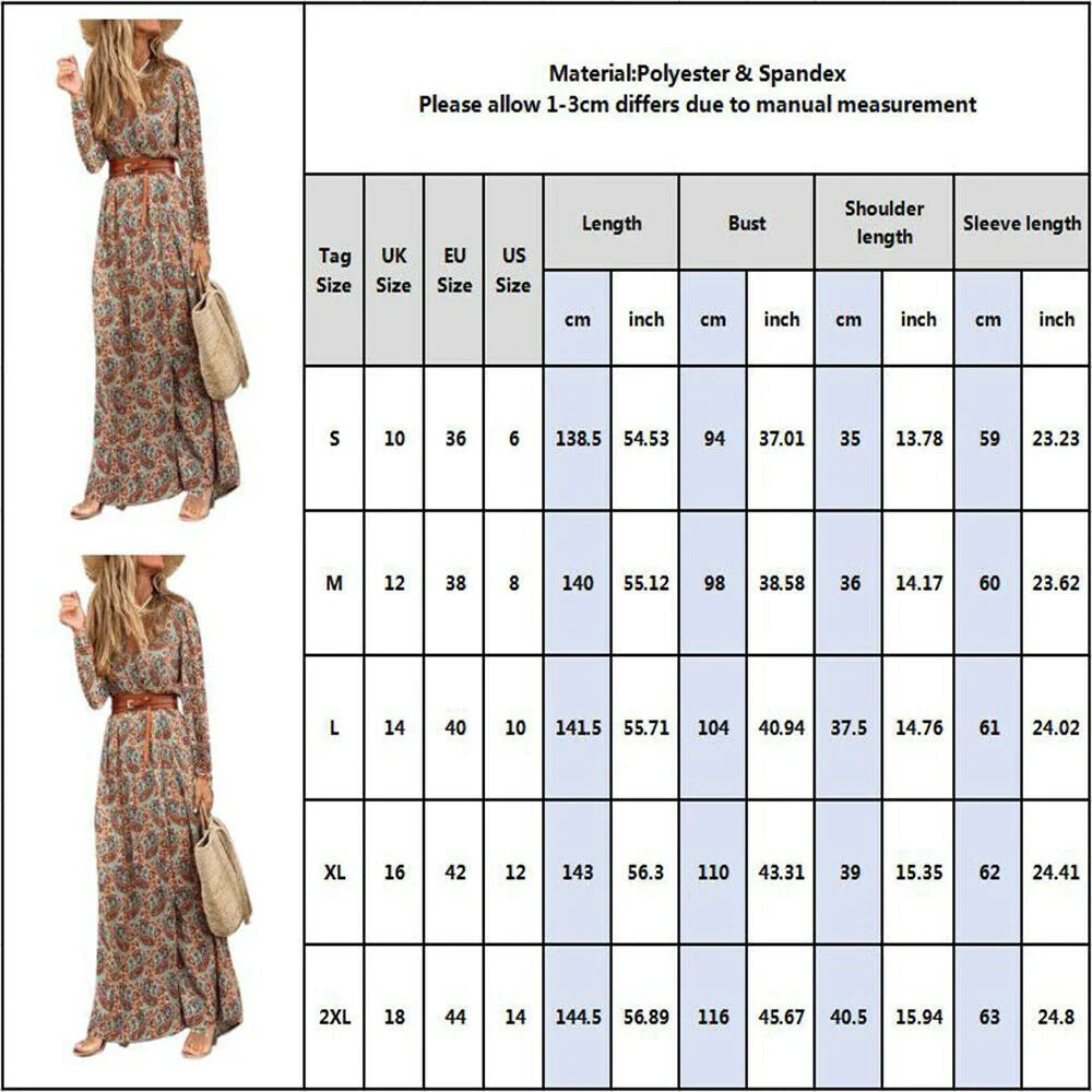 Long Sleeve V-neck Bohemian Floral Dress in Dark Blue with a flowing, mid-length skirt and vibrant floral patterns