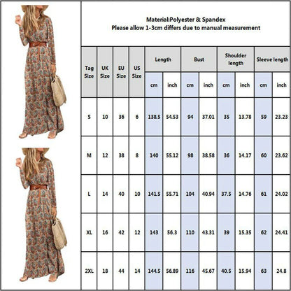 Long Sleeve V-neck Bohemian Floral Dress in Dark Blue with a flowing, mid-length skirt and vibrant floral patterns