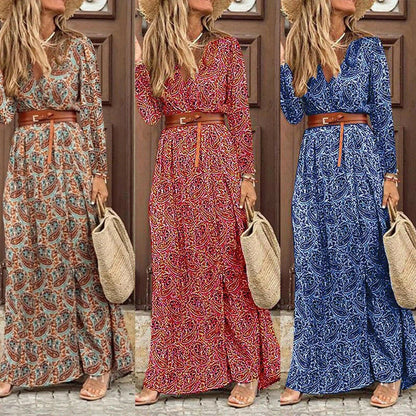 Long Sleeve V-neck Bohemian Floral Dress in Dark Blue with a flowing, mid-length skirt and vibrant floral patterns