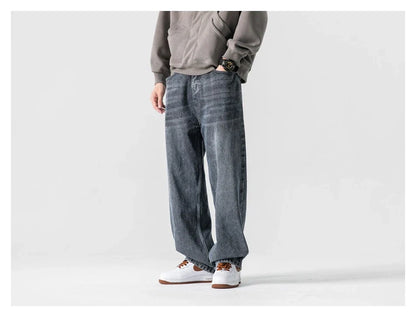 Men's Japanese-inspired retro jeans in black and gray, featuring a mid-waist fit and premium cotton construction for comfort and durability.