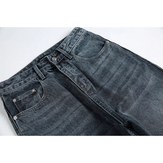 Men's Japanese-inspired retro jeans in black and gray, featuring a mid-waist fit and premium cotton construction for comfort and durability.
