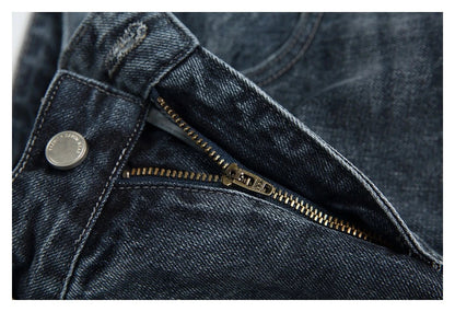 Men's Japanese-inspired retro jeans in black and gray, featuring a mid-waist fit and premium cotton construction for comfort and durability.