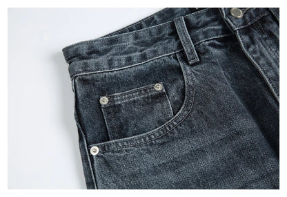 Men's Japanese-inspired retro jeans in black and gray, featuring a mid-waist fit and premium cotton construction for comfort and durability.