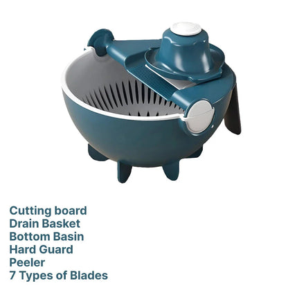 Multifunctional 2-in-1 Vegetable Slicer and Fruit Strainer with various accessories for slicing, dicing, and straining vegetables and fruits