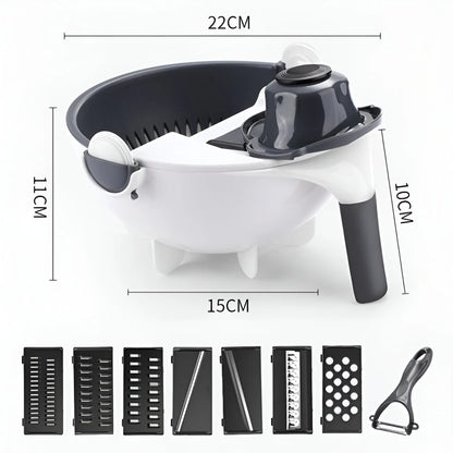 Multifunctional 2-in-1 Vegetable Slicer and Fruit Strainer with various accessories for slicing, dicing, and straining vegetables and fruits