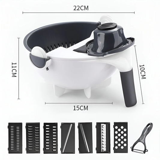 Multifunctional 2-in-1 Vegetable Slicer and Fruit Strainer with various accessories for slicing, dicing, and straining vegetables and fruits
