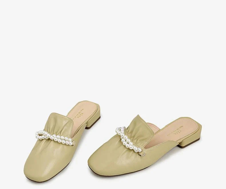 Premium cow leather slippers with square-shaped toe and pearl decorations, designed for comfortable and stylish everyday wear