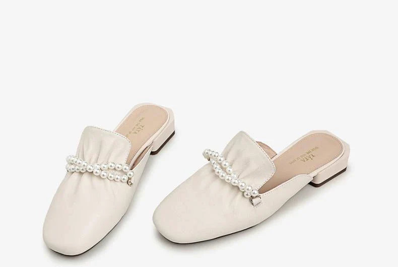 Premium cow leather slippers with square-shaped toe and pearl decorations, designed for comfortable and stylish everyday wear