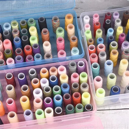 42-slot embroidery thread storage box in transparent plastic with visible spools inside