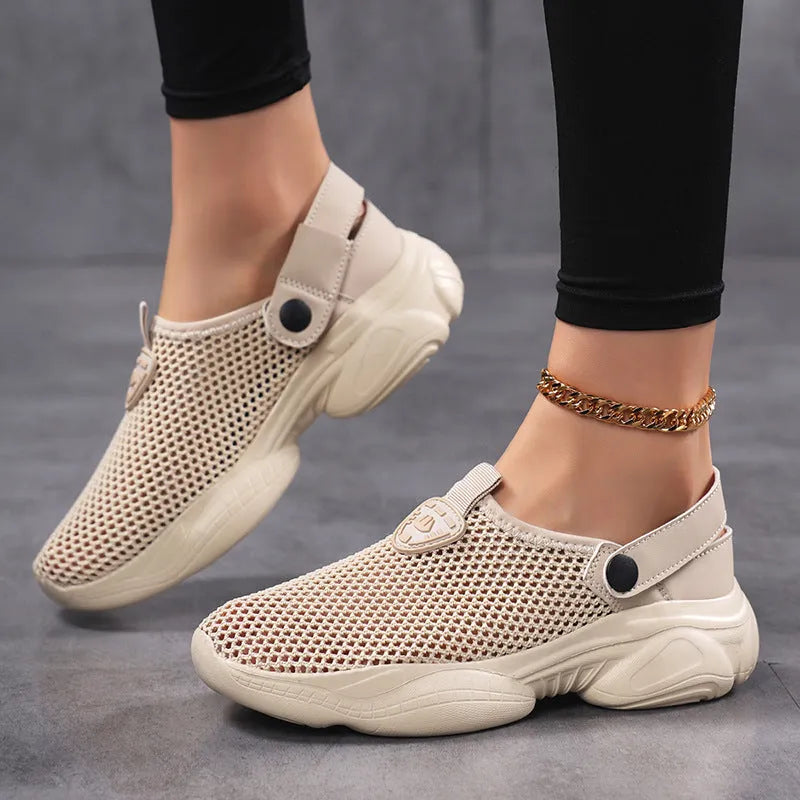 Women's breathable lightweight casual sports sandals with Flyknit upper and toe holder in black purple beige sizes 36-43 comfortable summer footwear for walking