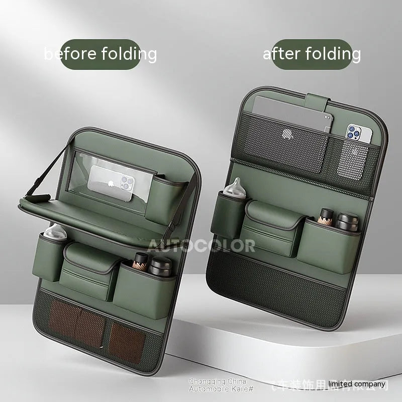Leather car seat hanging storage bag with a fold-out dining table in black colour