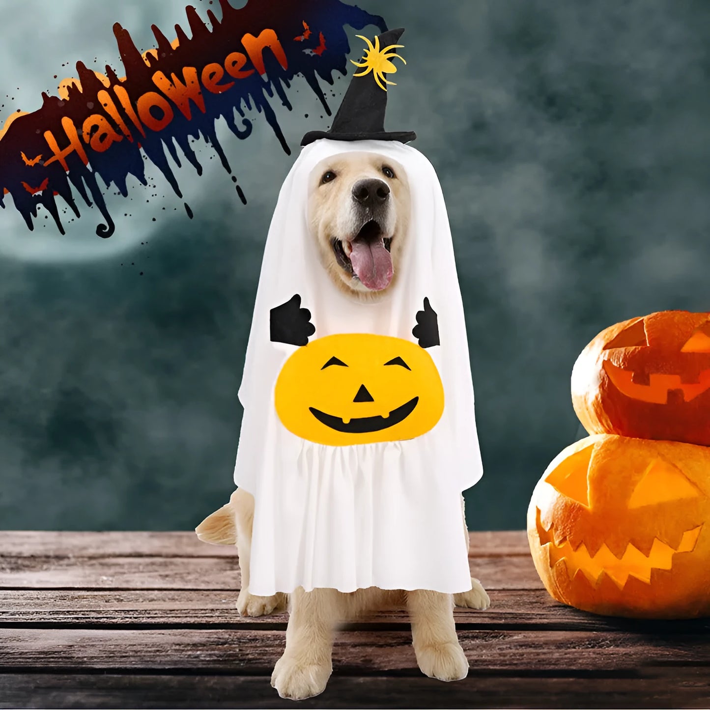 White pumpkin ghost Halloween costume suit for a dog on a mannequin