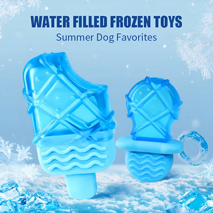 Set of four water-filled silicone dog cooling toys: pacifier, popsicle, and two rings.