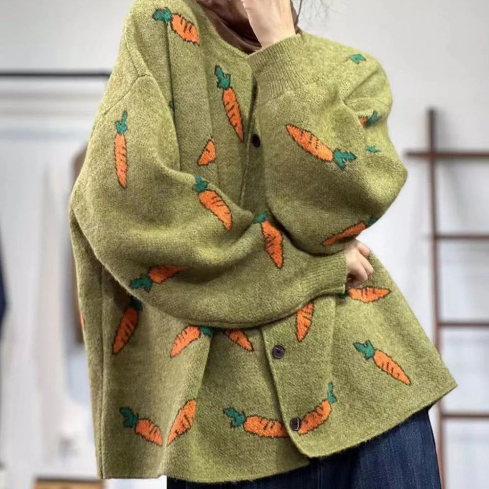 Round neck Mori artistic printing cardigan with colour contrast design in loose casual fit