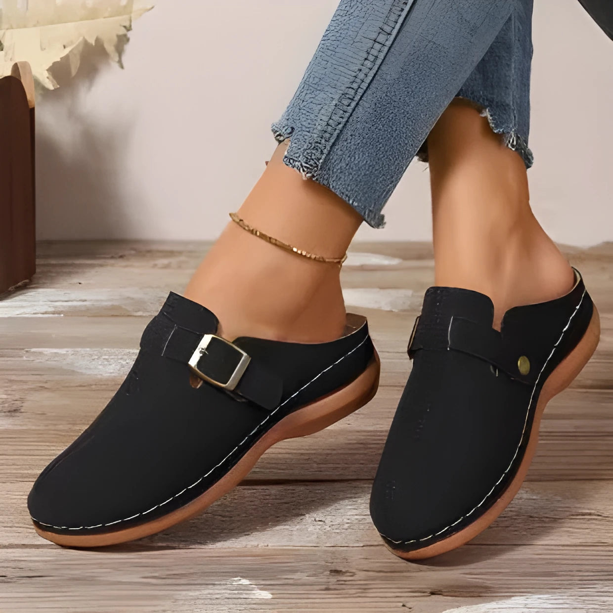 Women's casual wedge slippers in cloth with a rubber sole, shown in light brown colour.