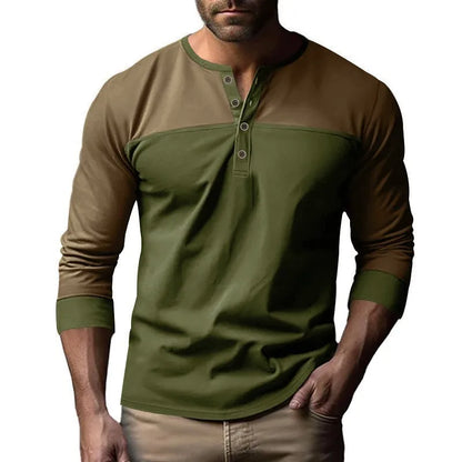 Long-sleeve henley collar casual shirt in solid colour, shown in available sizes and colours.