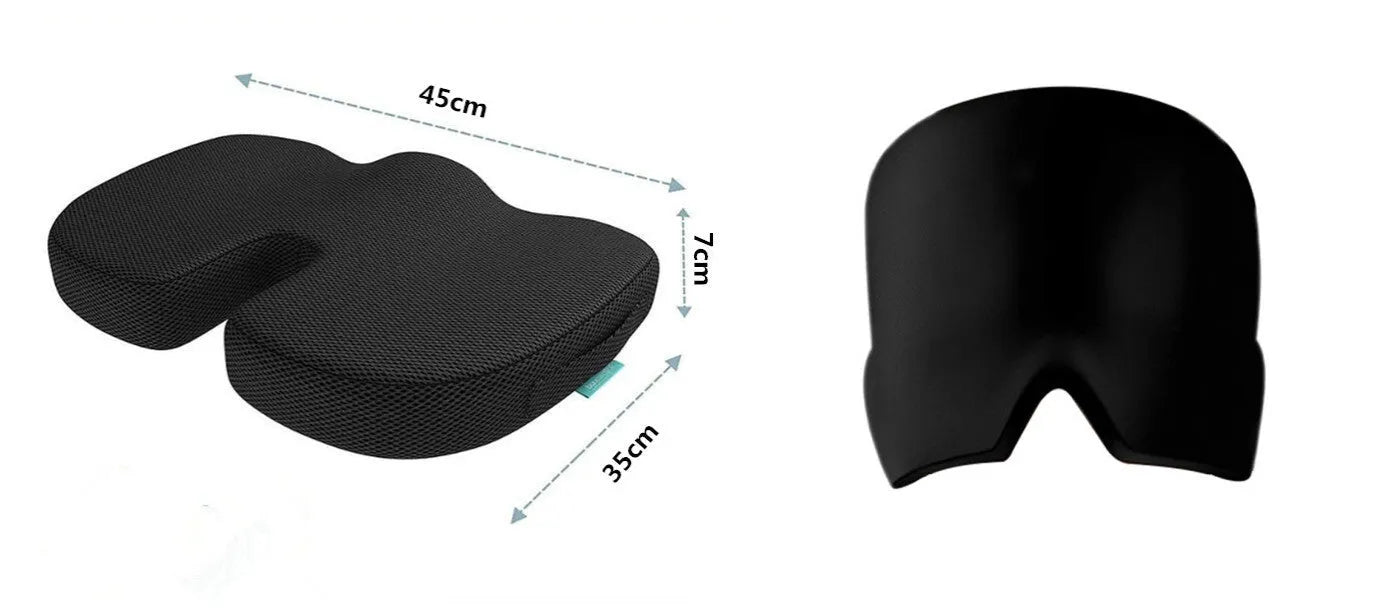Black elastic cloth gel cold compress eye mask for headache relief on a grey background.