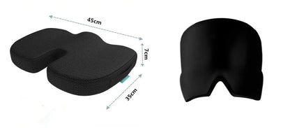 Black elastic cloth gel cold compress eye mask for headache relief on a grey background.