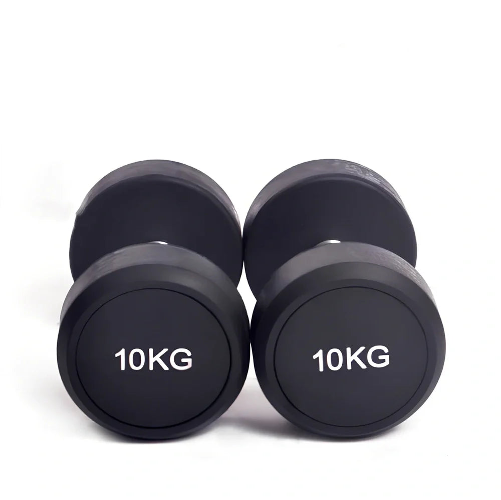 Black rubberized cast iron round head dumbbells, 1kg to 5kg weights for fitness, impact-resistant coating
