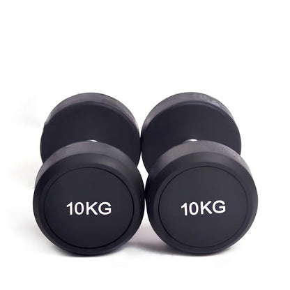 Black rubberized cast iron round head dumbbells, 1kg to 5kg weights for fitness, impact-resistant coating