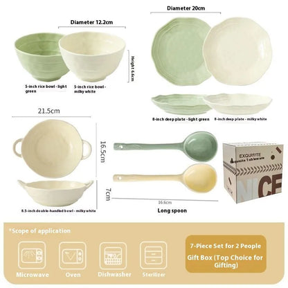 Solid colour ceramic tableware set with seven pieces in a minimalist style, presented in a gift box.