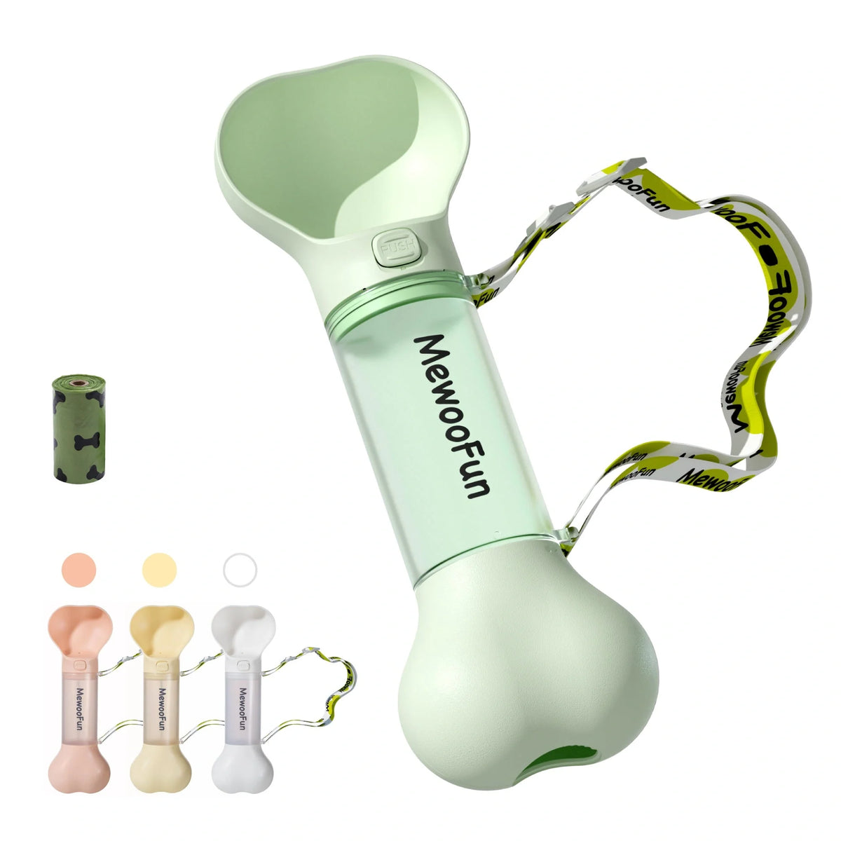Mewoofun 2-in-1 pet water bottle and feeder bowl in white, green, yellow, and pink