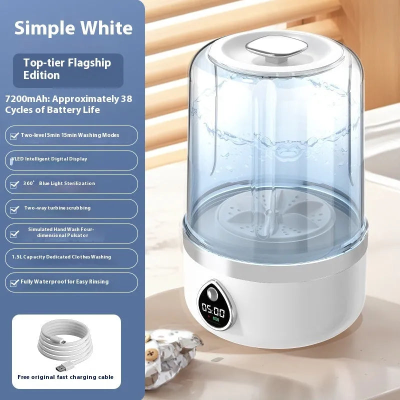 White portable USB-powered mini washing machine showing 13.5cm width and compact design