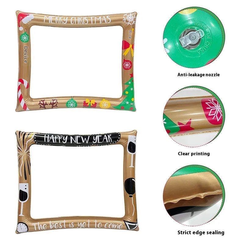 Christmas inflatable photo frame showing PVC construction with holiday designs, approximately 150cm tall for full-body photos
