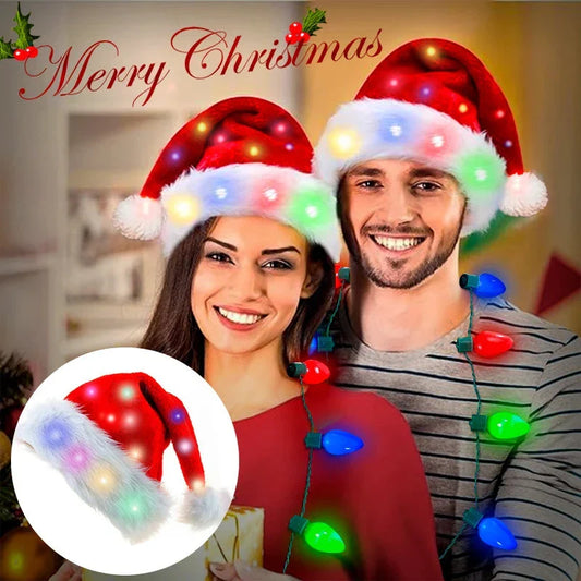 Plush Santa hat with LED lights that create a dazzling, color-changing display for festive holiday celebrations