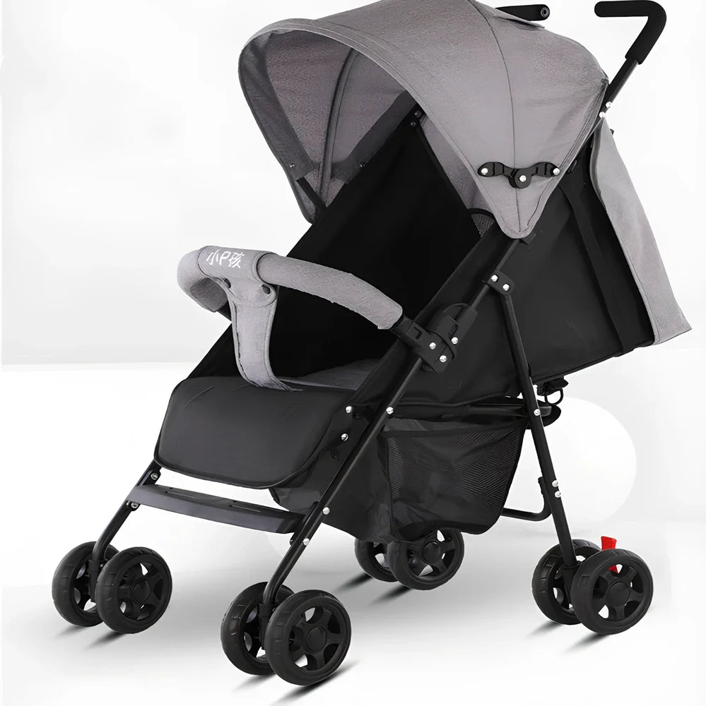 Lightweight baby stroller with carbon steel frame in purple colour showing extended sunshade