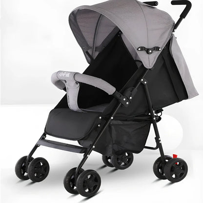 Lightweight baby stroller with carbon steel frame in purple colour showing extended sunshade