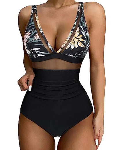 Women's high waist one-piece swimsuit in quick-dry polyester fabric, backless design