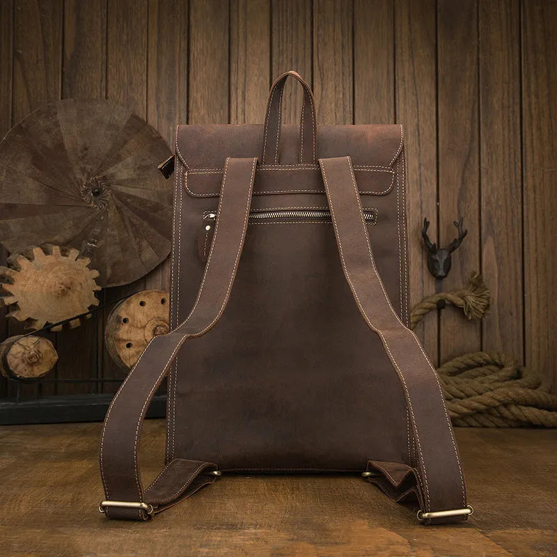 Dark brown genuine leather men's travel bag with vertical square design and double shoulder straps