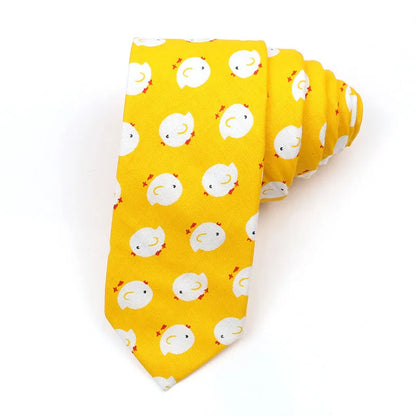 Korean style narrow men's cotton bow tie with a printed cartoon pattern on an adjustable fabric strap.