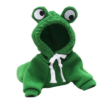 Green frog costume hoodie on small dog showing hood and four-leg design