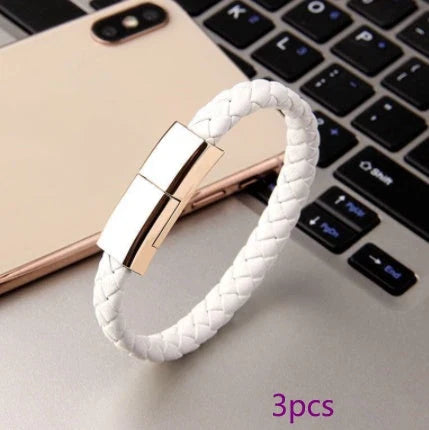 Stylish leather bracelet with built-in charging cable for smartphones and USB-C devices